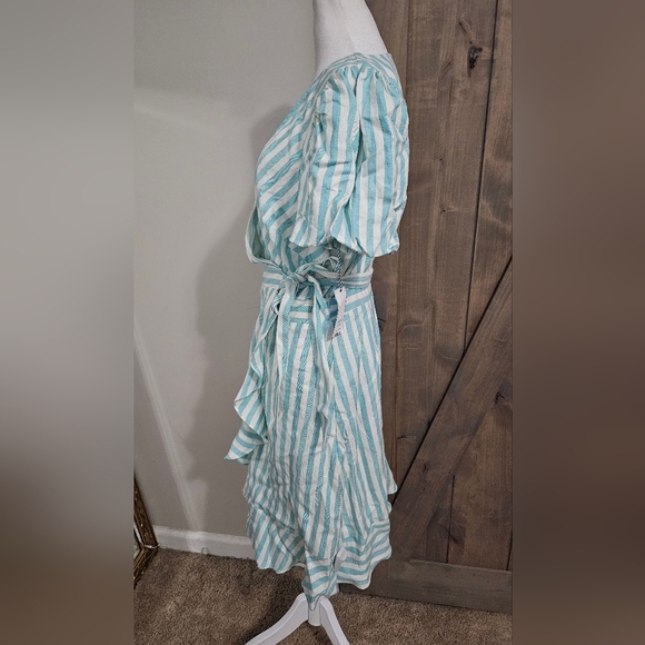 DRAPER JAMES Linen Blend Puff Sleeve Wrap Dress In Blue/white Striped.Size S NWT - Picture 12 of 15